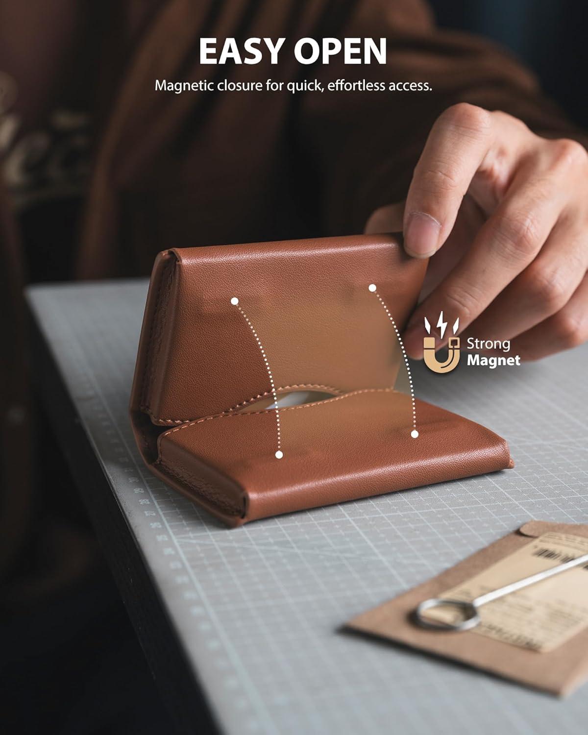 image:imageVULKIT Leather Business Card Holder RFID Blocking Magnetic Closure 2 Big Slots Holds up to 40 Cards Giftbox Packed BrownBrown