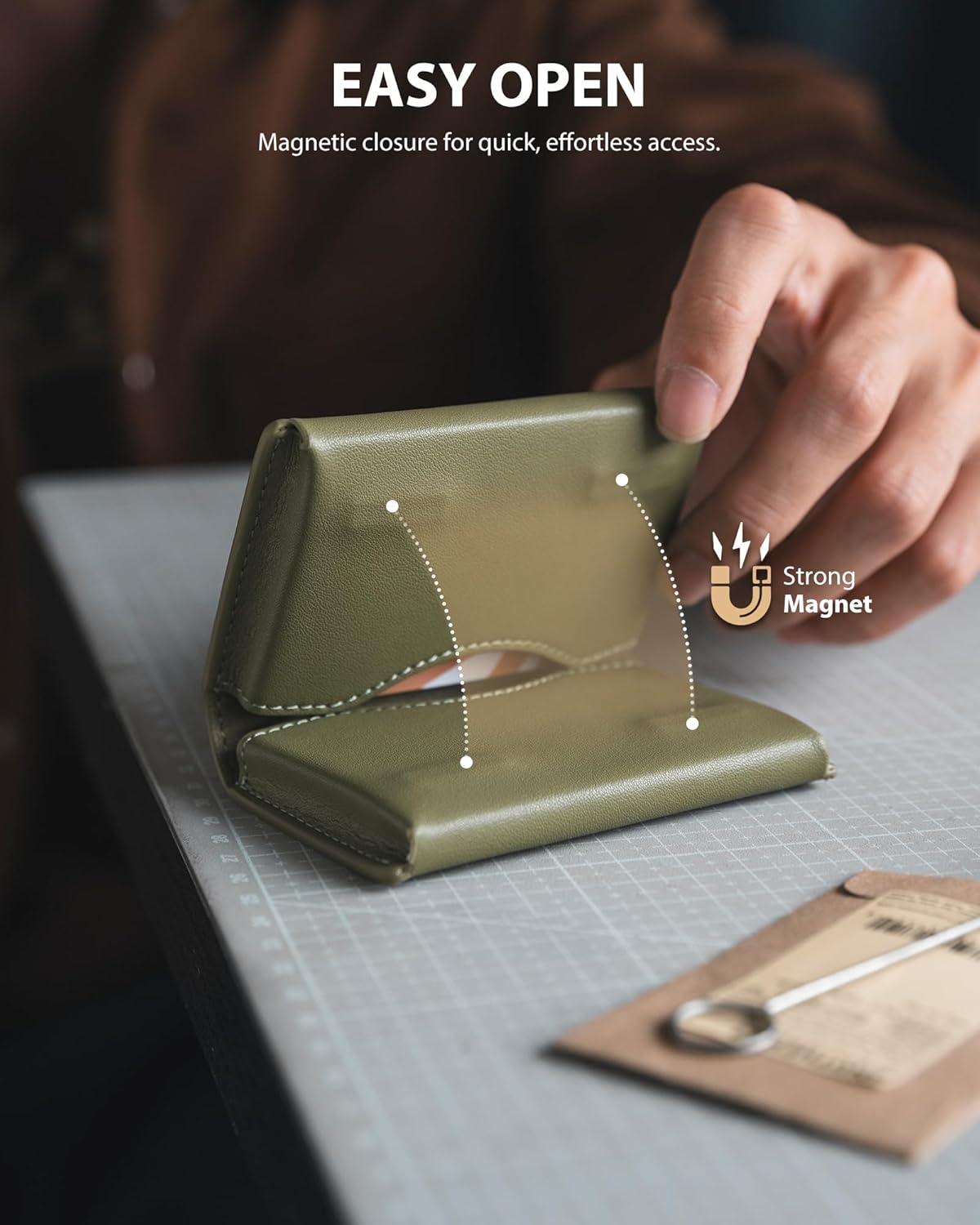 image:imageVULKIT Leather Business Card Holder RFID Blocking Magnetic Closure 2 Big Slots Holds up to 40 Cards Giftbox Packed BrownGreen