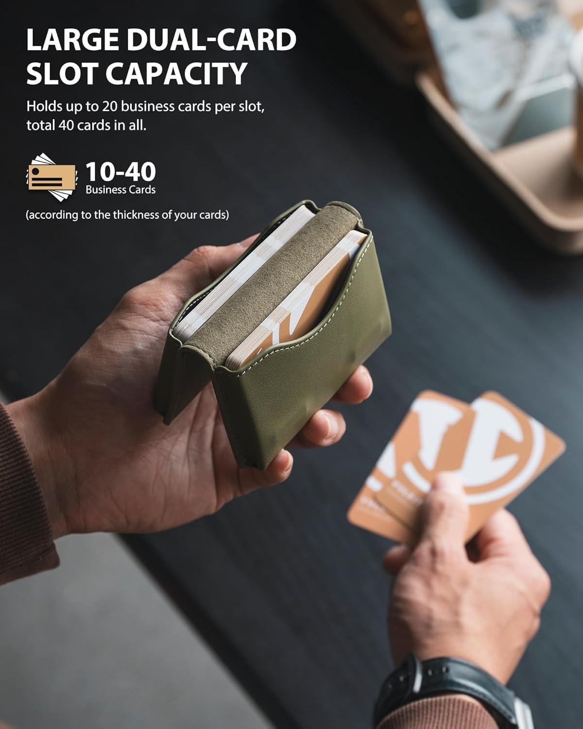 image:imageVULKIT Leather Business Card Holder RFID Blocking Magnetic Closure 2 Big Slots Holds up to 40 Cards Giftbox Packed BrownGreen