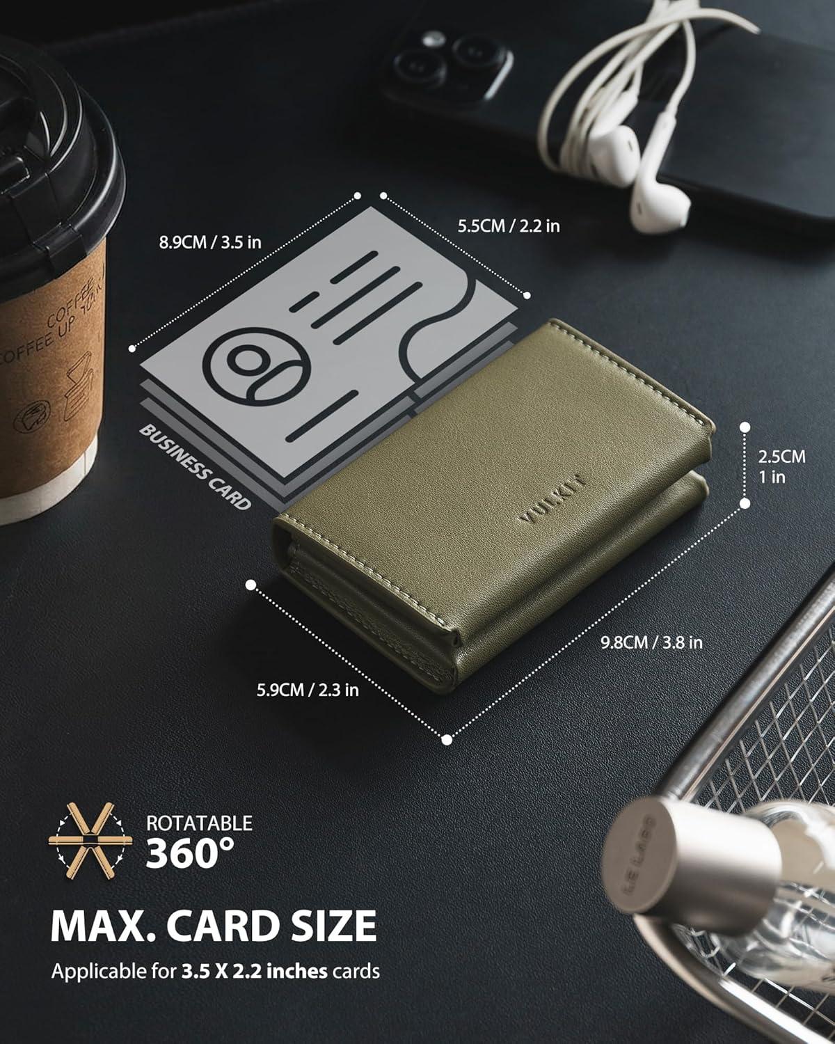 image:imageVULKIT Leather Business Card Holder RFID Blocking Magnetic Closure 2 Big Slots Holds up to 40 Cards Giftbox Packed BrownGreen