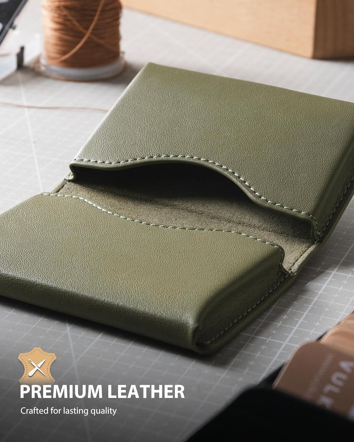 image:imageVULKIT Leather Business Card Holder RFID Blocking Magnetic Closure 2 Big Slots Holds up to 40 Cards Giftbox Packed BrownGreen