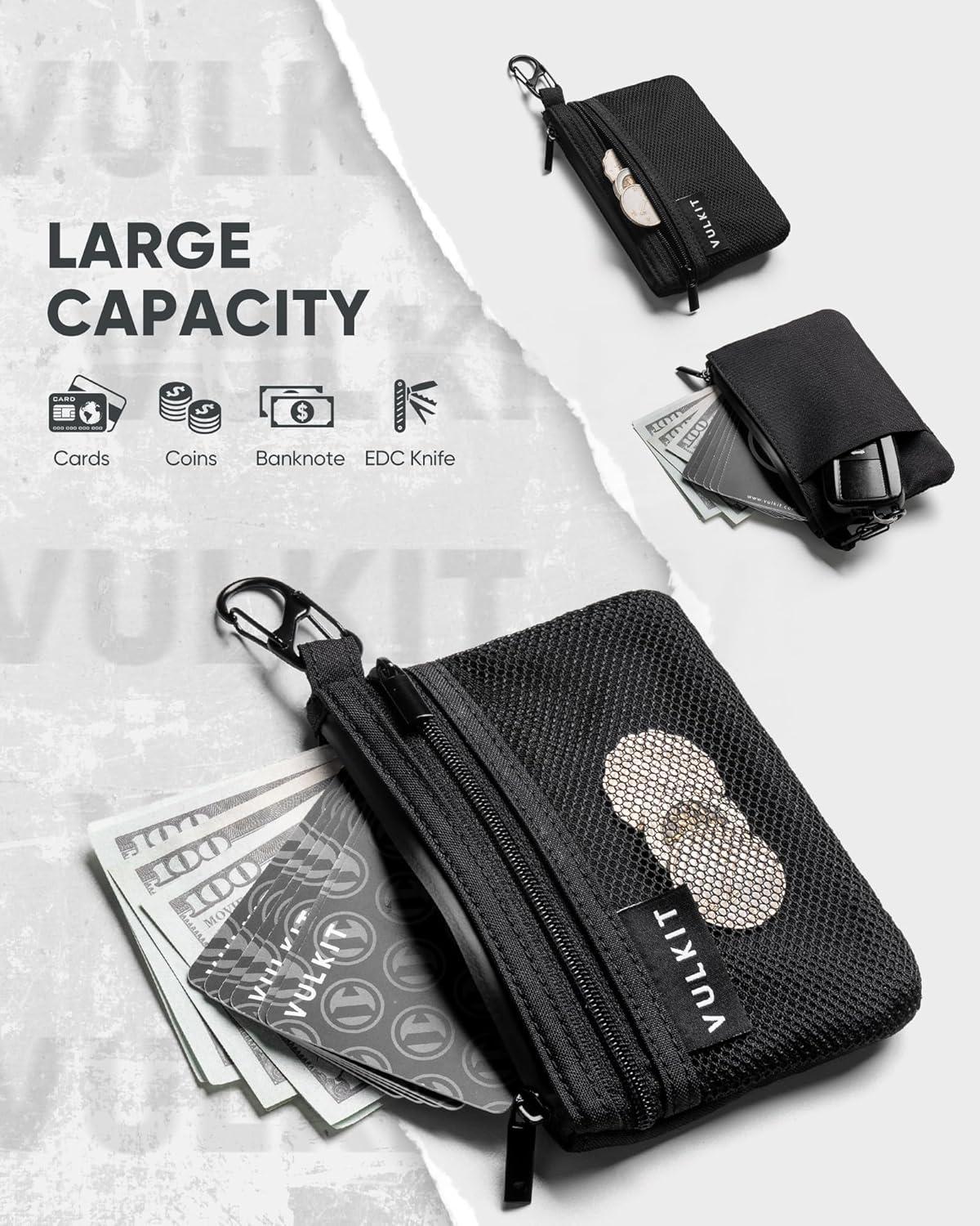 image:imageVULKIT Zip Pouch 1 Pack with Carabiner Clip and SHook RFIDBlocking Water Resistant Oxford Fabric Small Cash and Card Zip Wallet for Travel Iron GreyBlack