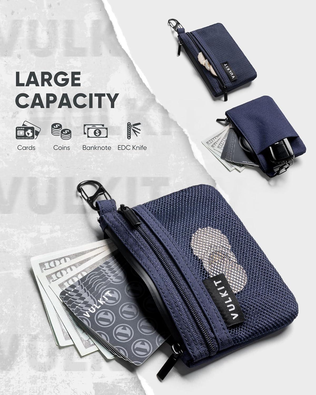 image:imageVULKIT Zip Pouch 1 Pack with Carabiner Clip and SHook RFIDBlocking Water Resistant Oxford Fabric Small Cash and Card Zip Wallet for Travel Iron GreyBlue