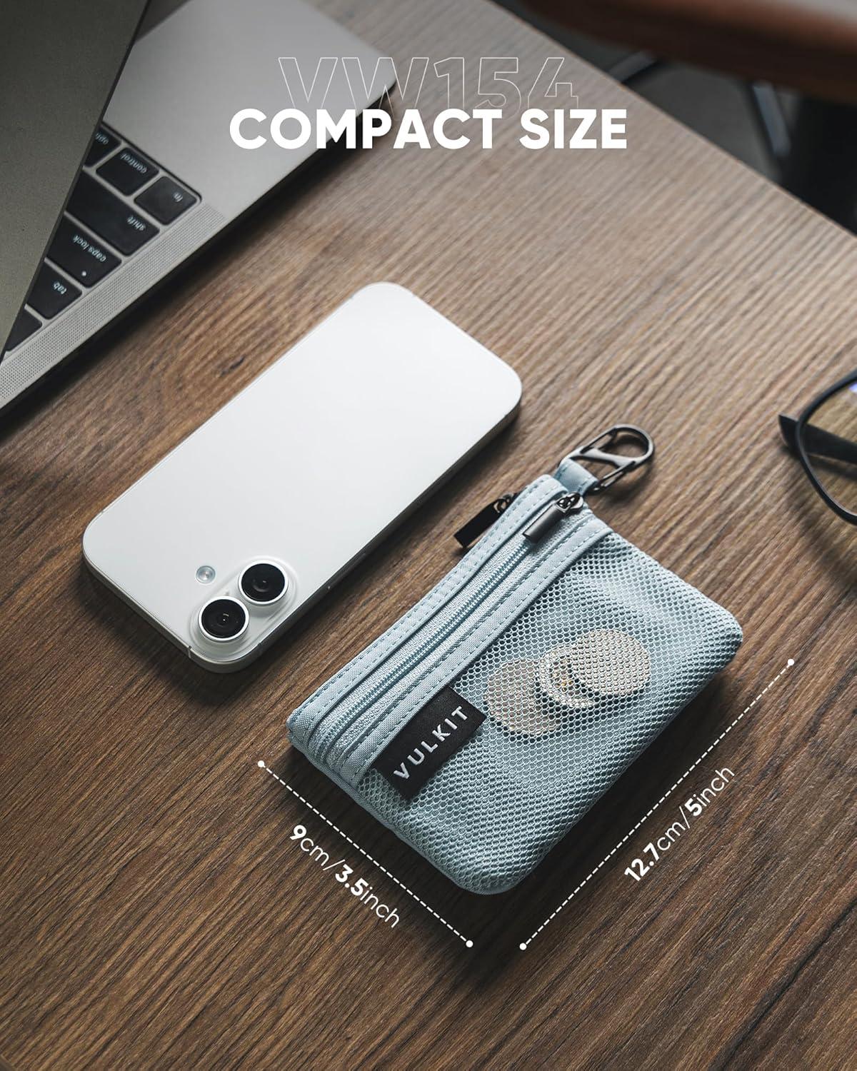 image:imageVULKIT Zip Pouch 1 Pack with Carabiner Clip and SHook RFIDBlocking Water Resistant Oxford Fabric Small Cash and Card Zip Wallet for Travel Iron GreyGrey