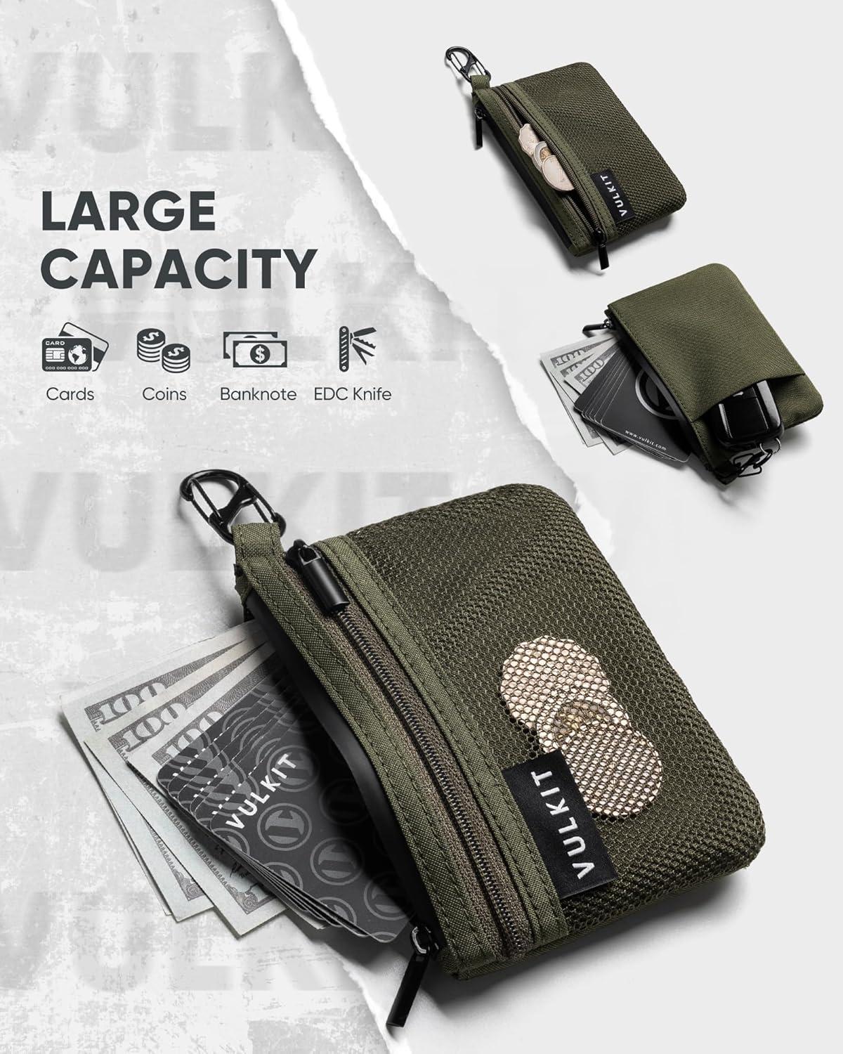 image:imageVULKIT Zip Pouch 1 Pack with Carabiner Clip and SHook RFIDBlocking Water Resistant Oxford Fabric Small Cash and Card Zip Wallet for Travel Iron GreyGreen