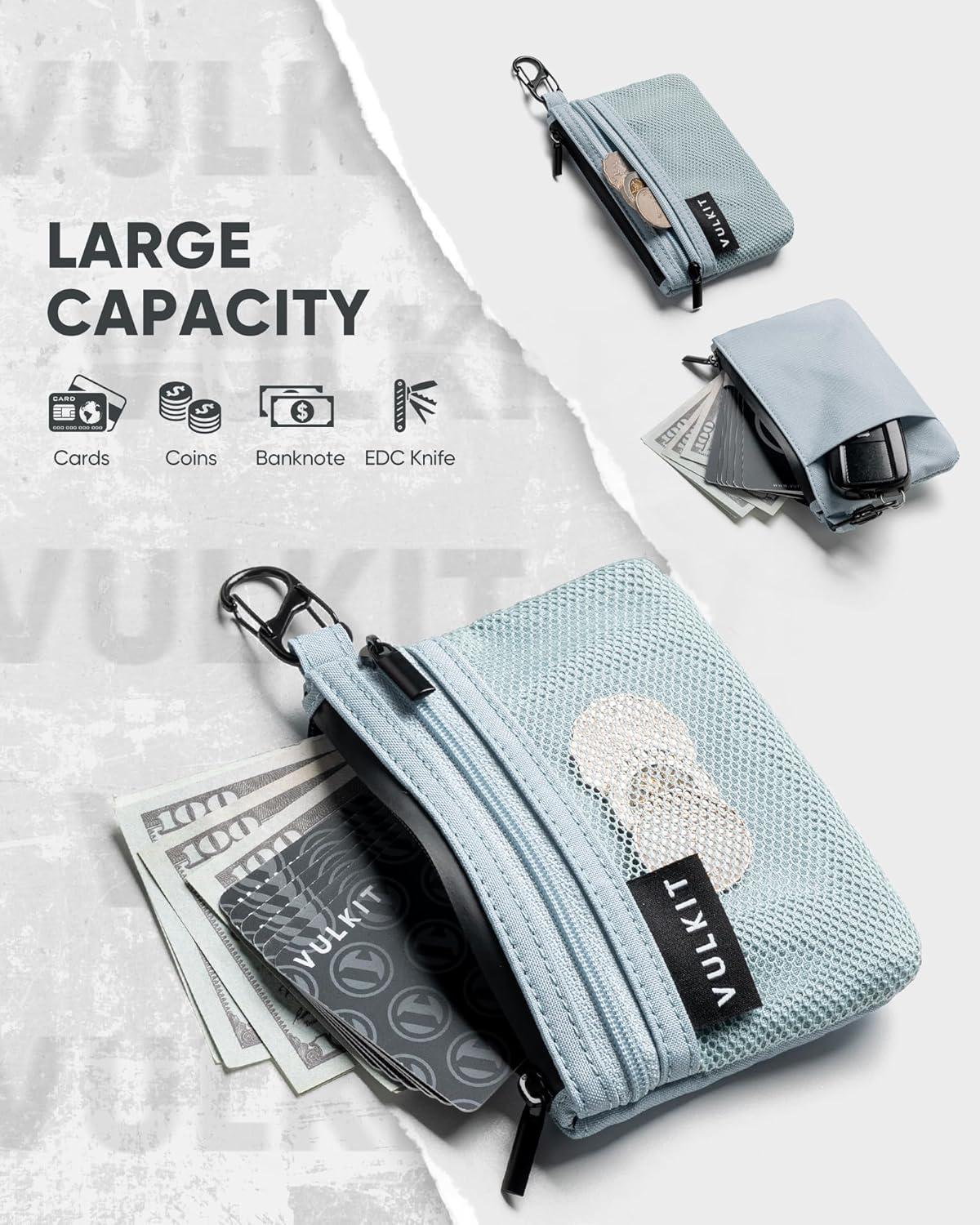 image:imageVULKIT Zip Pouch 1 Pack with Carabiner Clip and SHook RFIDBlocking Water Resistant Oxford Fabric Small Cash and Card Zip Wallet for Travel Iron GreyGrey