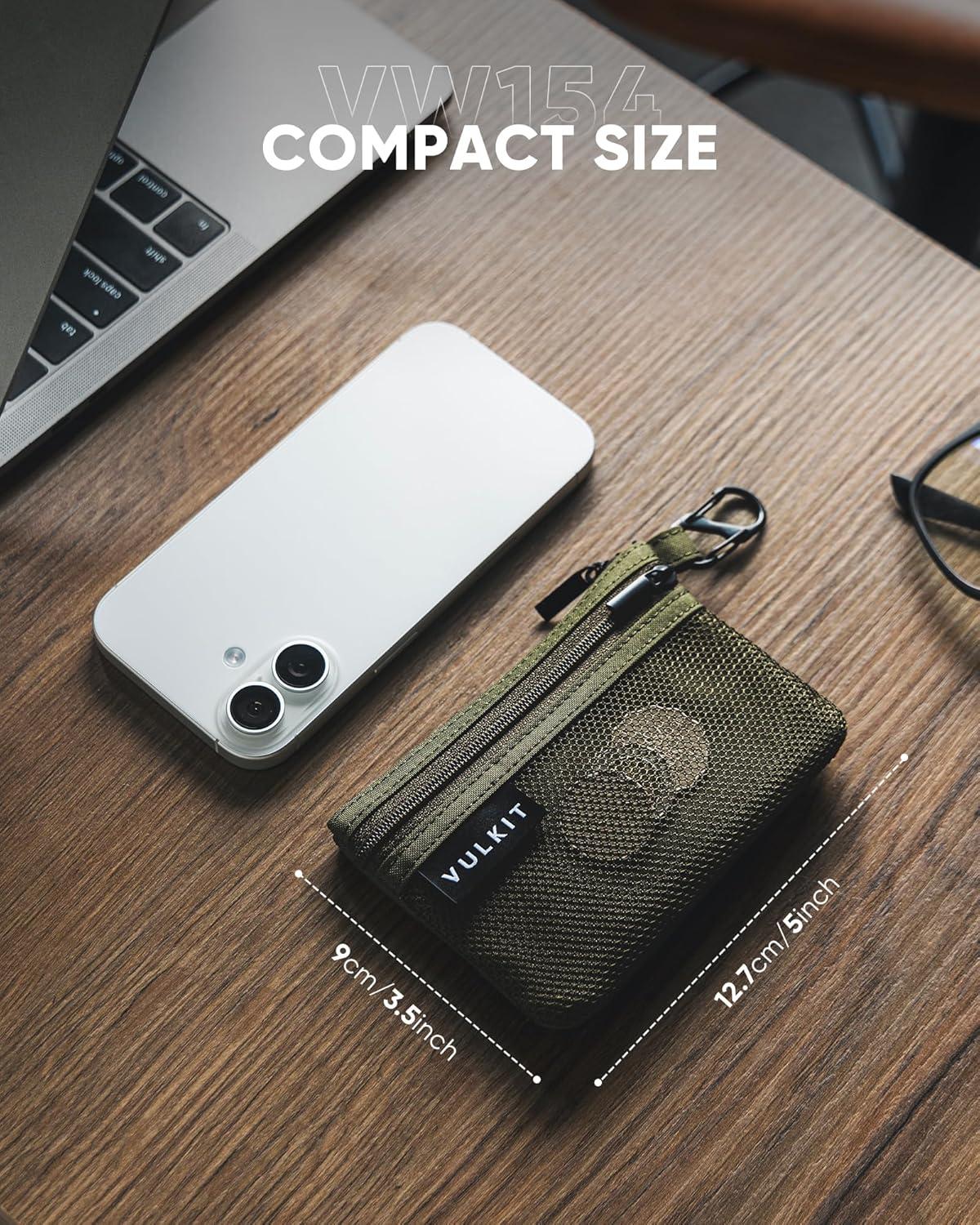 image:imageVULKIT Zip Pouch 1 Pack with Carabiner Clip and SHook RFIDBlocking Water Resistant Oxford Fabric Small Cash and Card Zip Wallet for Travel Iron GreyGreen