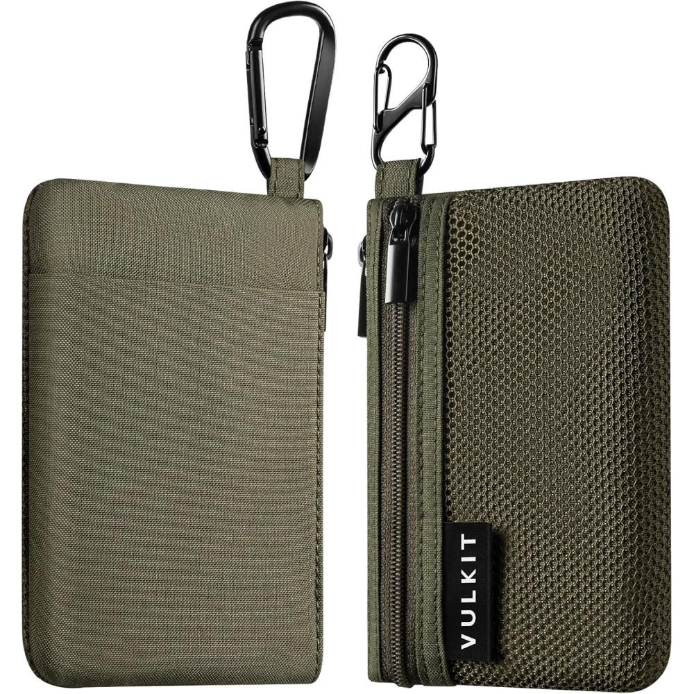 image:imageVULKIT Zip Pouch 1 Pack with Carabiner Clip and SHook RFIDBlocking Water Resistant Oxford Fabric Small Cash and Card Zip Wallet for Travel Iron GreyGreen
