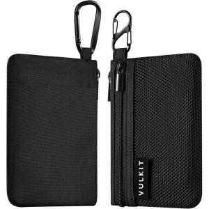 VULKIT Zip Pouch 1 Pack with Carabiner Clip and S-Hook, RFID-Blocking, Water Resistant Oxford Fabric, Small Cash and Card Zip Wallet for Travel, Iron Grey(Black)