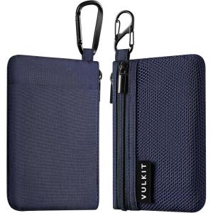 VULKIT Zip Pouch 1 Pack with Carabiner Clip and S-Hook, RFID-Blocking, Water Resistant Oxford Fabric, Small Cash and Card Zip Wallet for Travel, Iron Grey(Blue)