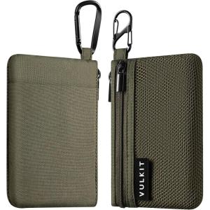 VULKIT Zip Pouch 1 Pack with Carabiner Clip and S-Hook, RFID-Blocking, Water Resistant Oxford Fabric, Small Cash and Card Zip Wallet for Travel, Iron Grey(Green)