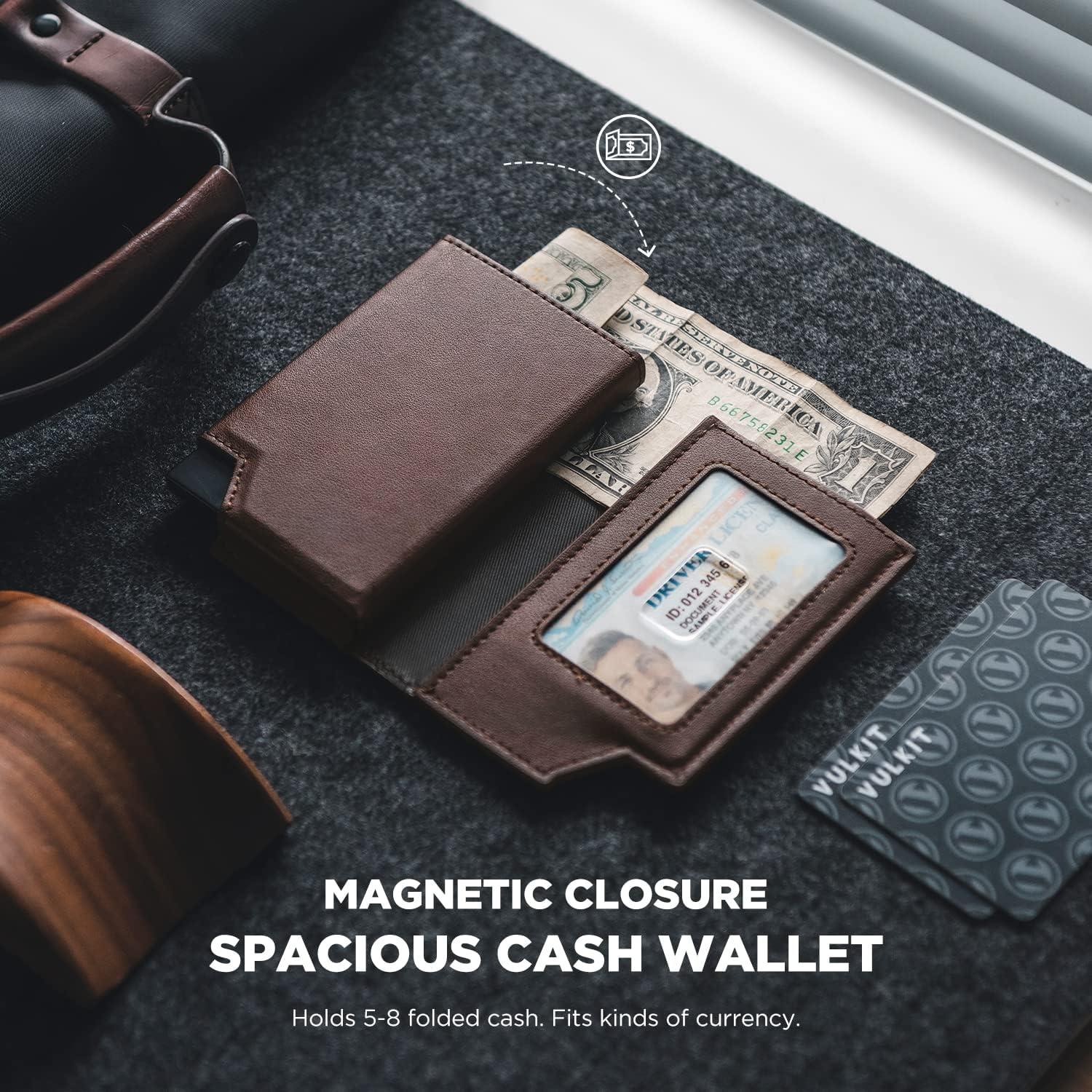 image:imageVULKIT Mens Wallet Top Grain Leather Minimalist Pop Up Card Holder RFID Blocking Magnetic Closure Leather Wallet with ID Window for Cash amp Credit Cards Up To 11 CardsEspresso