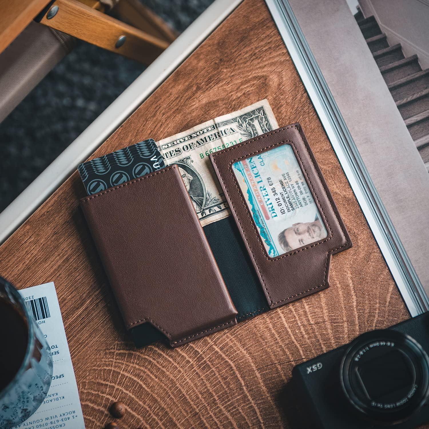 image:imageVULKIT Mens Wallet Top Grain Leather Minimalist Pop Up Card Holder RFID Blocking Magnetic Closure Leather Wallet with ID Window for Cash amp Credit Cards Up To 11 CardsEspresso