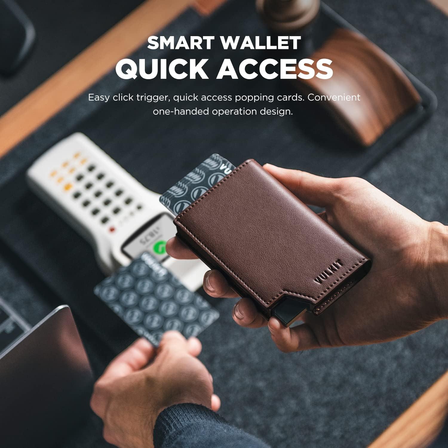 image:imageVULKIT Mens Wallet Top Grain Leather Minimalist Pop Up Card Holder RFID Blocking Magnetic Closure Leather Wallet with ID Window for Cash amp Credit Cards Up To 11 CardsEspresso