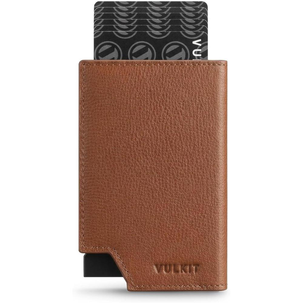 image:imageVULKIT Mens Wallet Top Grain Leather Minimalist Pop Up Card Holder RFID Blocking Magnetic Closure Leather Wallet with ID Window for Cash amp Credit Cards Up To 11 CardsTop Grain LeatherBrown