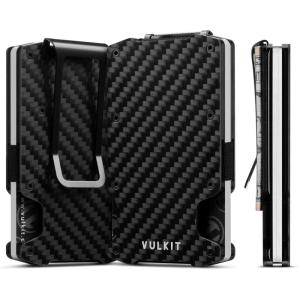 VULKIT Wallet for Men Slim Wallet with Money Clip, RFID Blocking Metal Wallet, Card Holder Mens for 15+ Cards(Carbon Fiber Black)