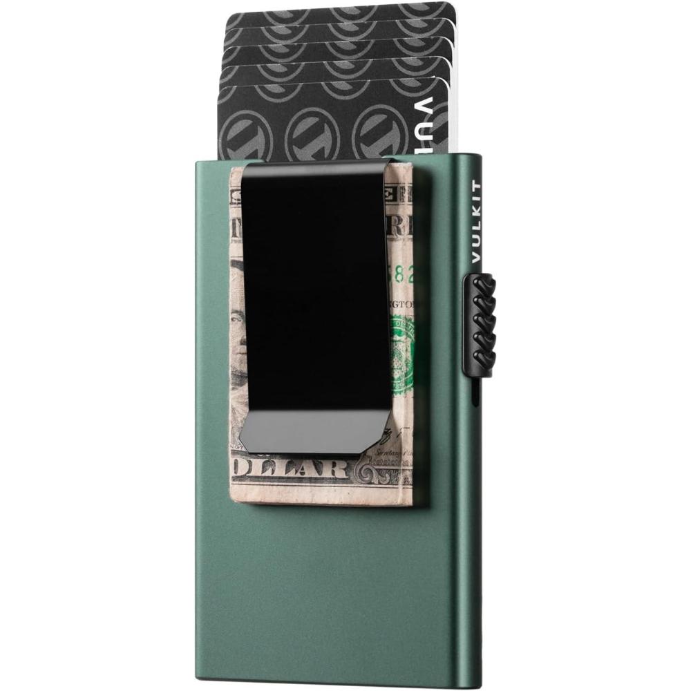 image:imageVULKIT Minimalist Wallet with Money Clip RFID Protection Pop Up Card Holder Slim Wallet Credit Card Holder Metal Wallet Rose GoldClip Version Midnight Green