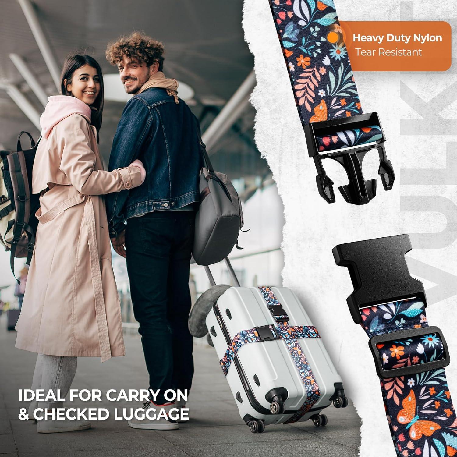 image:imageVULKIT 2 Pack Adjustable Luggage Straps Heavy Duty Belts for Secure Luggage amp Easy Identification Travel Accessories Blue MarbleButterfly