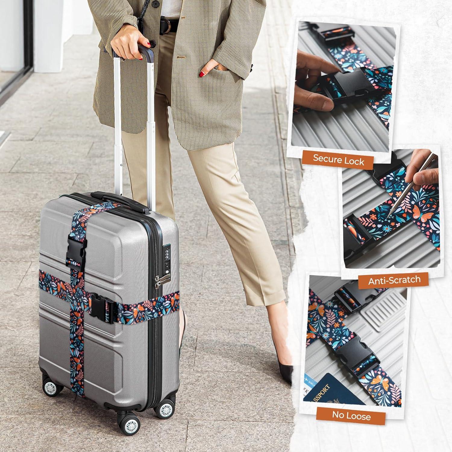 image:imageVULKIT 2 Pack Adjustable Luggage Straps Heavy Duty Belts for Secure Luggage amp Easy Identification Travel Accessories Blue MarbleButterfly