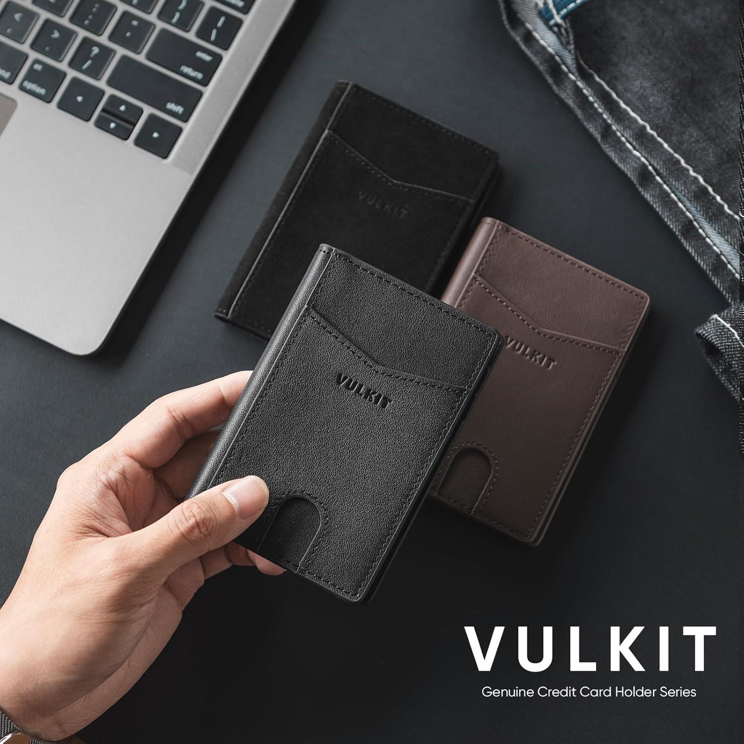 image:imageVULKIT Bifold Front Pocket Slim Wallet RFID Blocking Minimalist Thin Genuine Leather Credit Card Holder Wallet for Men and Women Litchi BlueAlcantara Black