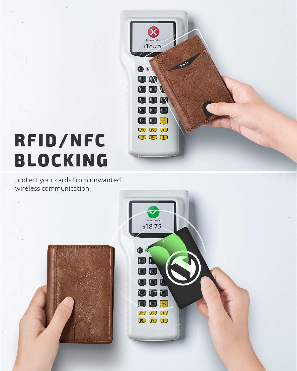 image:imageVULKIT Bifold Front Pocket Slim Wallet RFID Blocking Minimalist Thin Genuine Leather Credit Card Holder Wallet for Men and Women Litchi BlueBrown