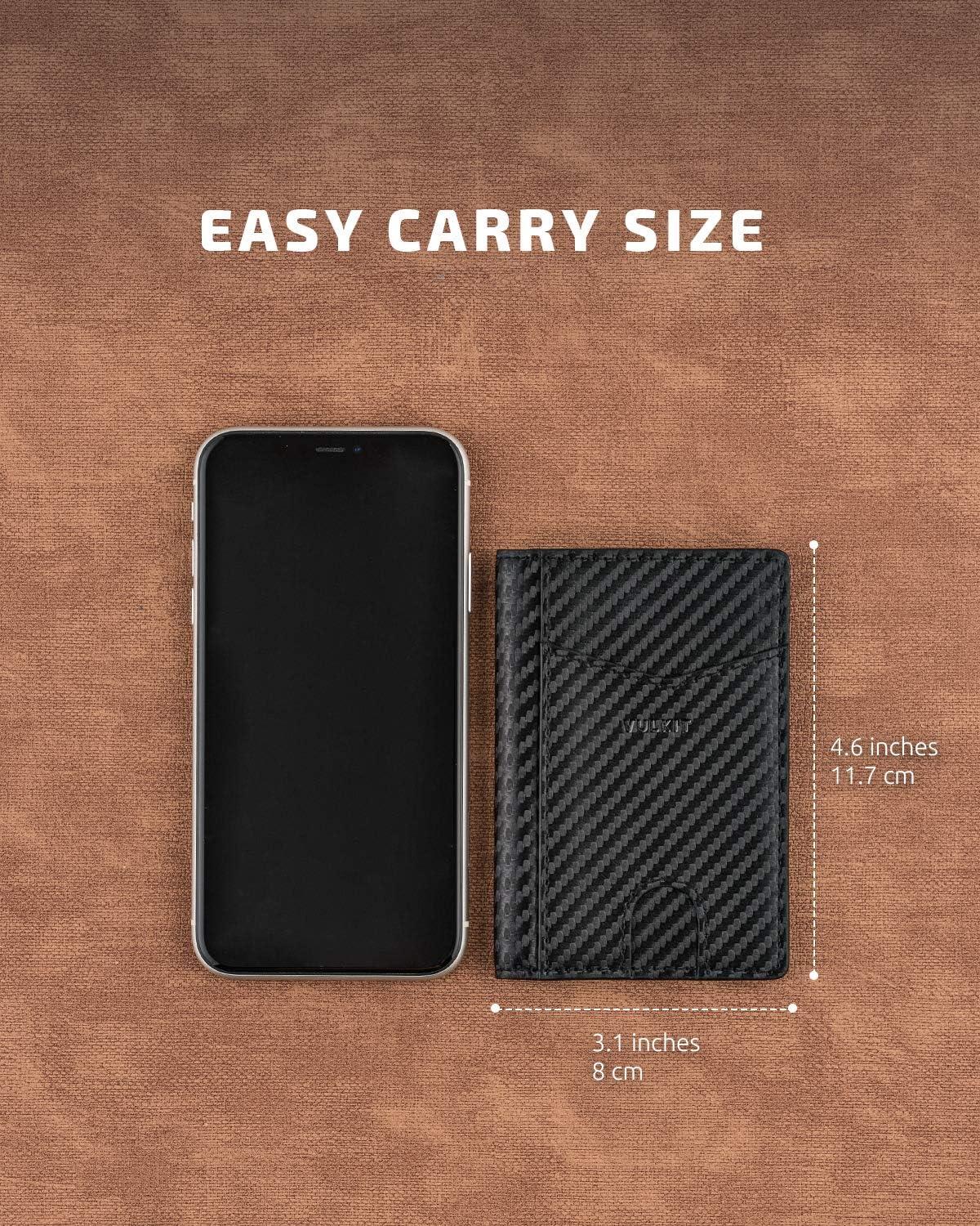 image:imageVULKIT Bifold Front Pocket Slim Wallet RFID Blocking Minimalist Thin Genuine Leather Credit Card Holder Wallet for Men and Women Litchi BlueCarbon Fiber Black