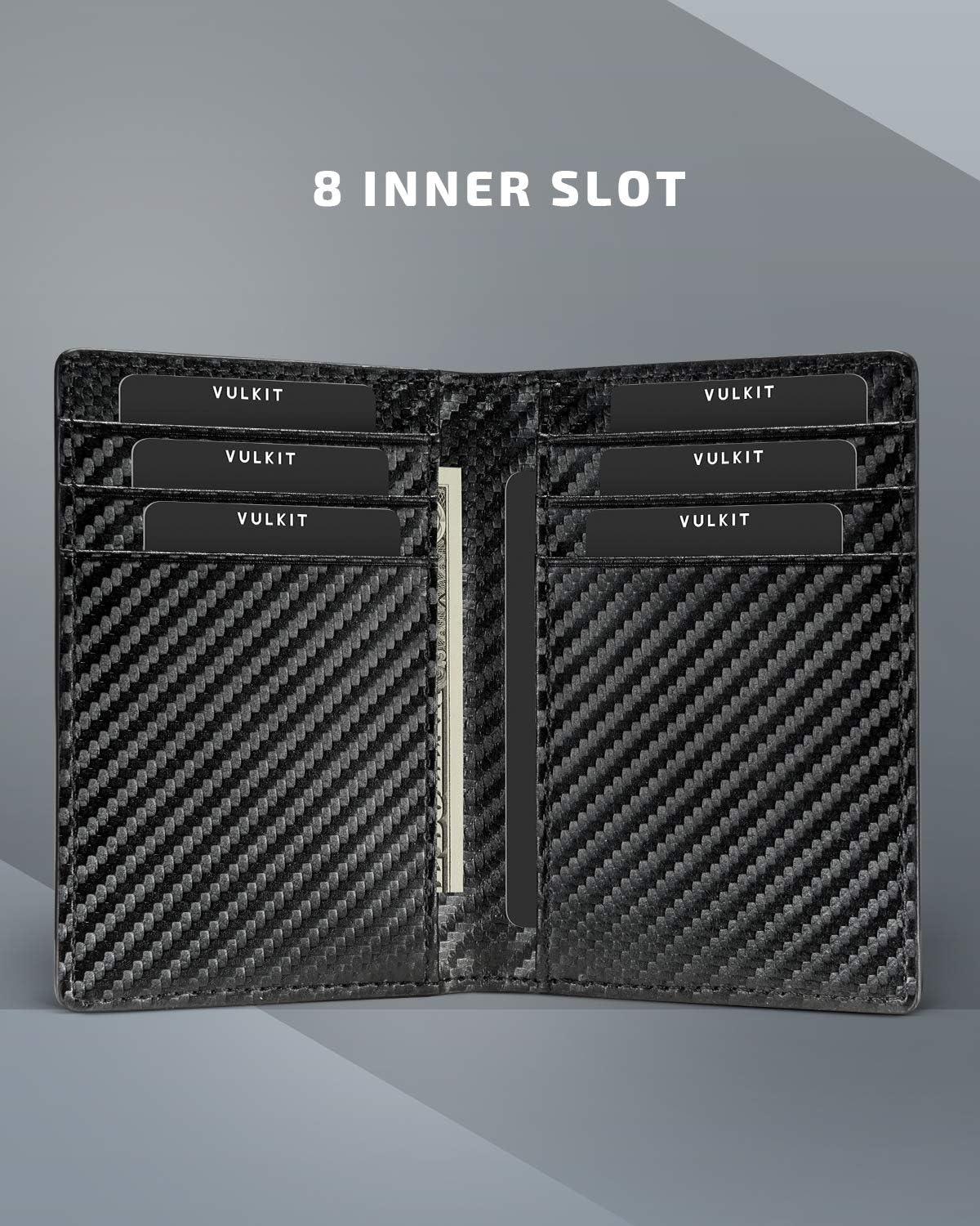 image:imageVULKIT Bifold Front Pocket Slim Wallet RFID Blocking Minimalist Thin Genuine Leather Credit Card Holder Wallet for Men and Women Litchi BlueCarbon Fiber Black