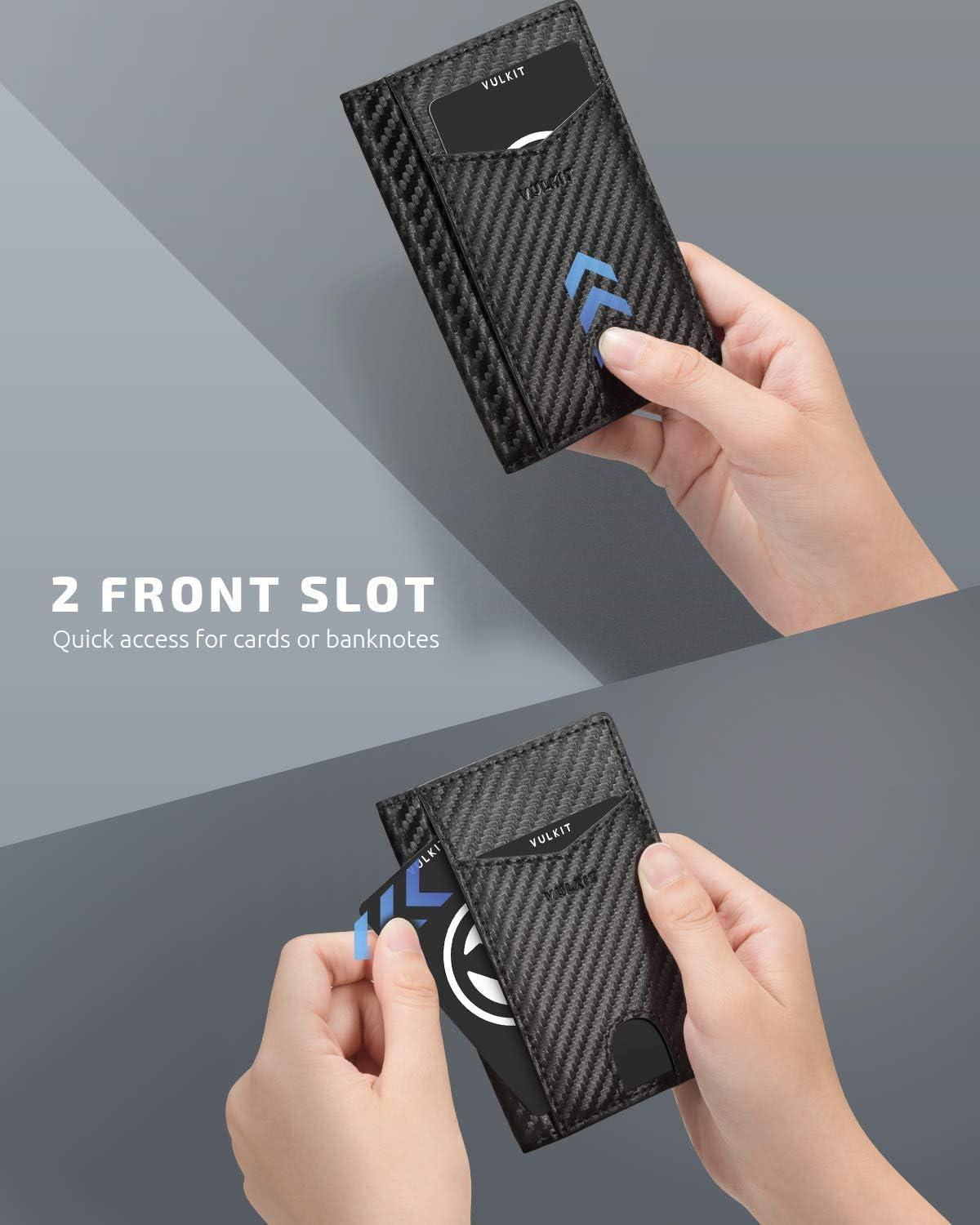 image:imageVULKIT Bifold Front Pocket Slim Wallet RFID Blocking Minimalist Thin Genuine Leather Credit Card Holder Wallet for Men and Women Litchi BlueCarbon Fiber Black