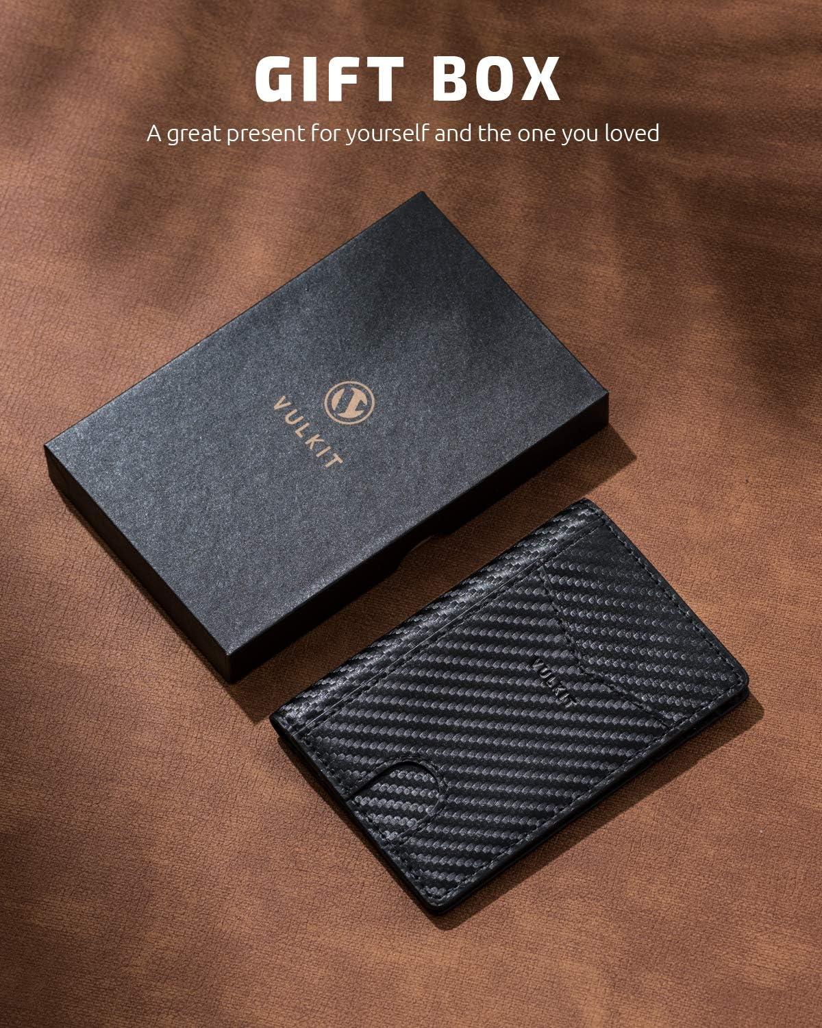 image:imageVULKIT Bifold Front Pocket Slim Wallet RFID Blocking Minimalist Thin Genuine Leather Credit Card Holder Wallet for Men and Women Litchi BlueCarbon Fiber Black