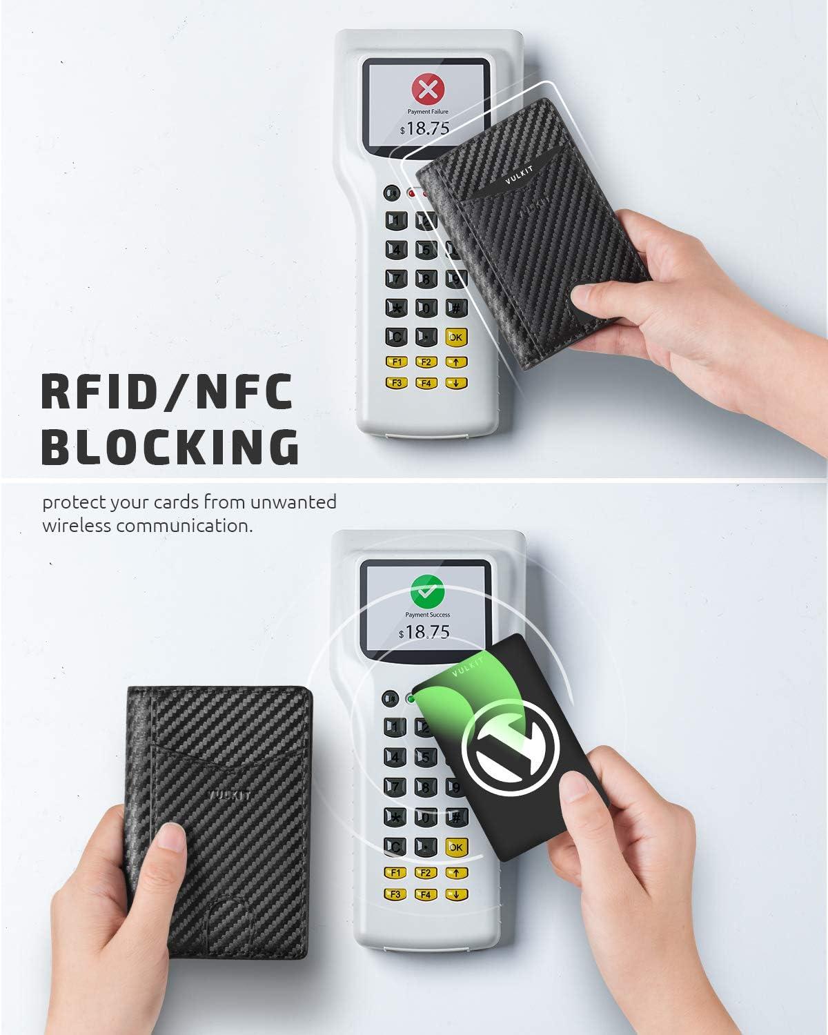 image:imageVULKIT Bifold Front Pocket Slim Wallet RFID Blocking Minimalist Thin Genuine Leather Credit Card Holder Wallet for Men and Women Litchi BlueCarbon Fiber Black