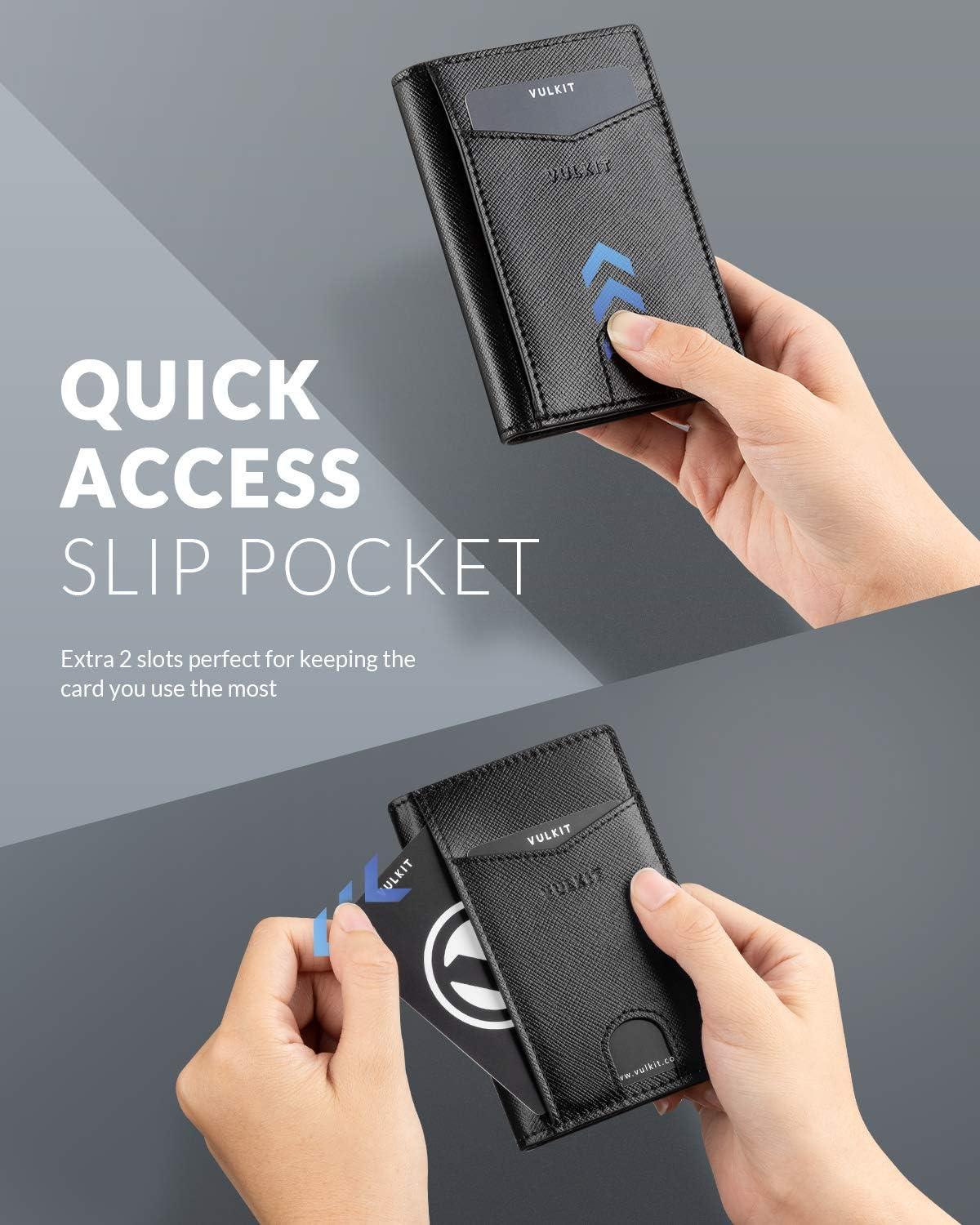 image:imageVULKIT Bifold Front Pocket Slim Wallet RFID Blocking Minimalist Thin Genuine Leather Credit Card Holder Wallet for Men and Women Litchi BlueCross Black