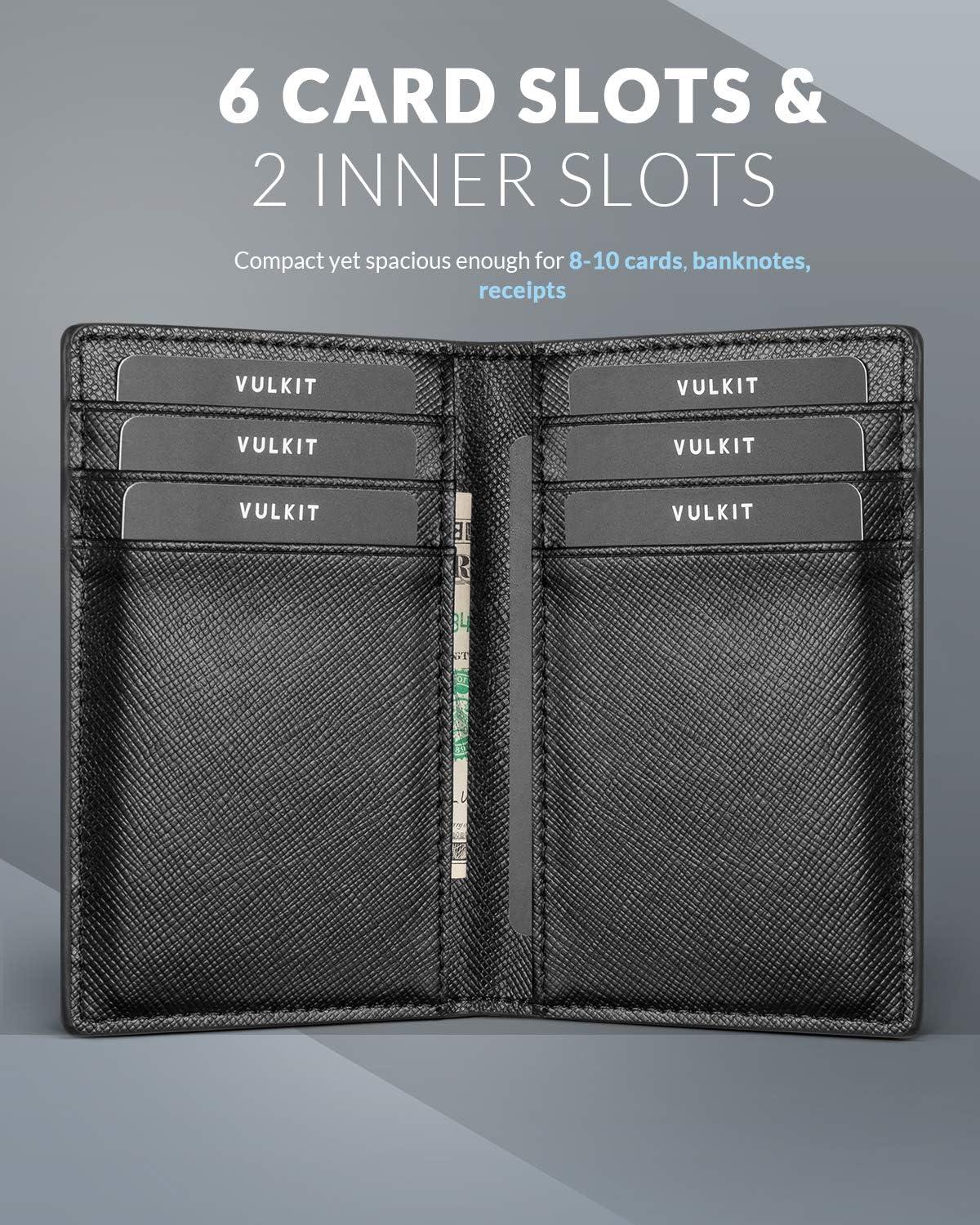 image:imageVULKIT Bifold Front Pocket Slim Wallet RFID Blocking Minimalist Thin Genuine Leather Credit Card Holder Wallet for Men and Women Litchi BlueCross Black