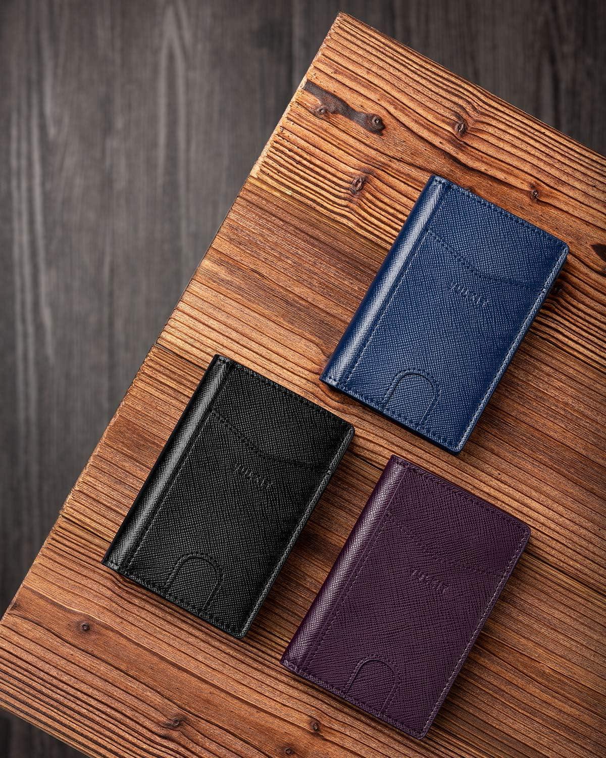 image:imageVULKIT Bifold Front Pocket Slim Wallet RFID Blocking Minimalist Thin Genuine Leather Credit Card Holder Wallet for Men and Women Litchi BlueCross Black
