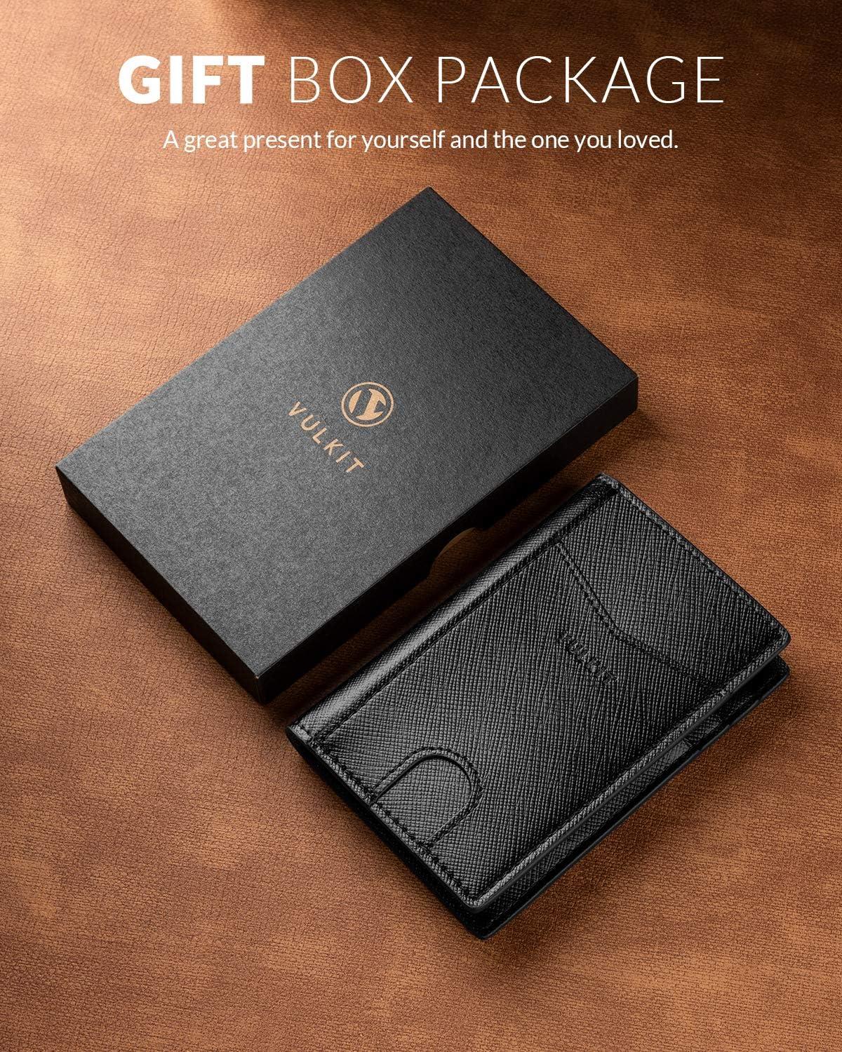 image:imageVULKIT Bifold Front Pocket Slim Wallet RFID Blocking Minimalist Thin Genuine Leather Credit Card Holder Wallet for Men and Women Litchi BlueCross Black