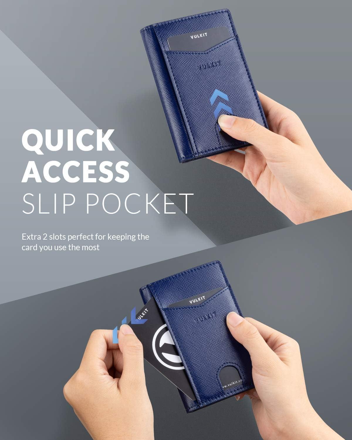 image:imageVULKIT Bifold Front Pocket Slim Wallet RFID Blocking Minimalist Thin Genuine Leather Credit Card Holder Wallet for Men and Women Litchi BlueCross Navy