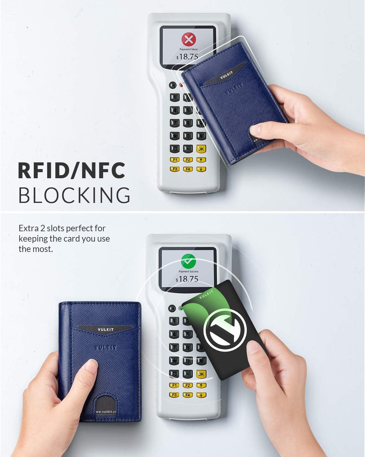 image:imageVULKIT Bifold Front Pocket Slim Wallet RFID Blocking Minimalist Thin Genuine Leather Credit Card Holder Wallet for Men and Women Litchi BlueCross Navy