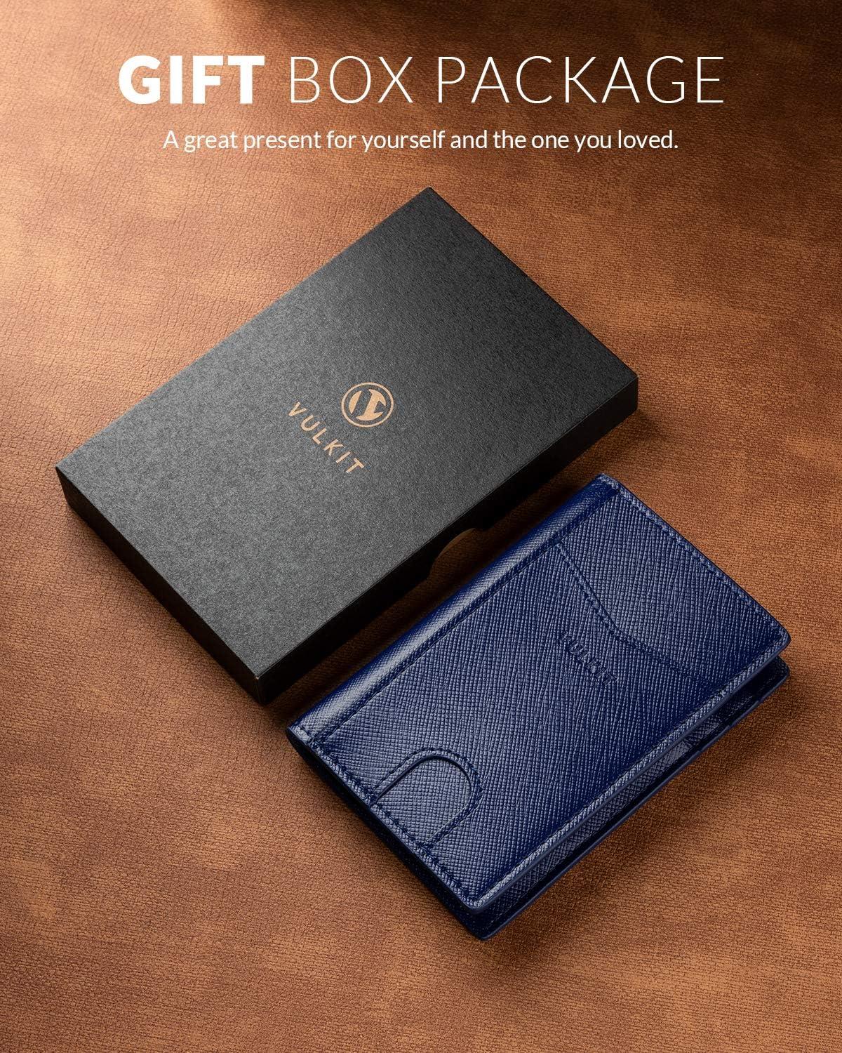 image:imageVULKIT Bifold Front Pocket Slim Wallet RFID Blocking Minimalist Thin Genuine Leather Credit Card Holder Wallet for Men and Women Litchi BlueCross Navy