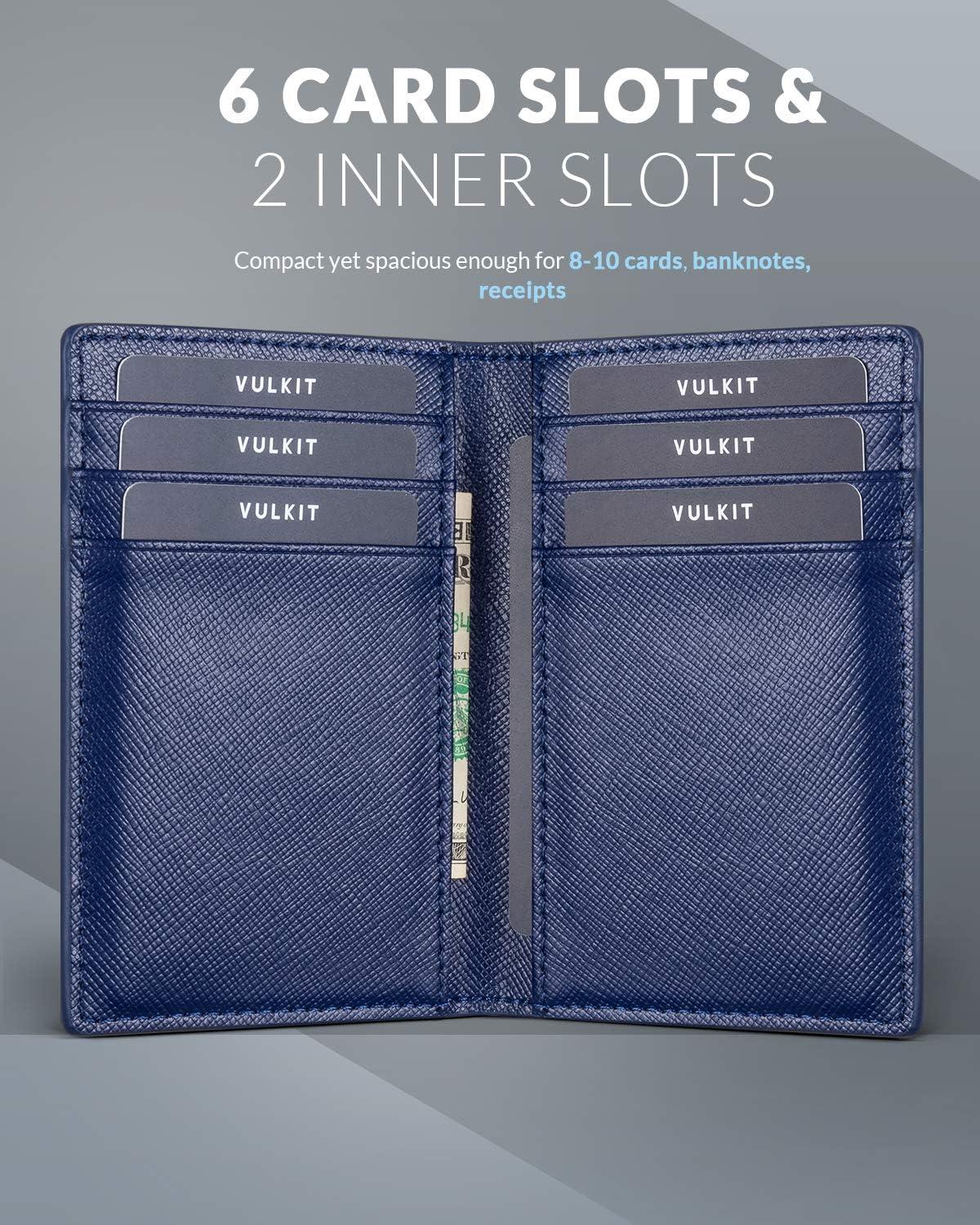 image:imageVULKIT Bifold Front Pocket Slim Wallet RFID Blocking Minimalist Thin Genuine Leather Credit Card Holder Wallet for Men and Women Litchi BlueCross Navy