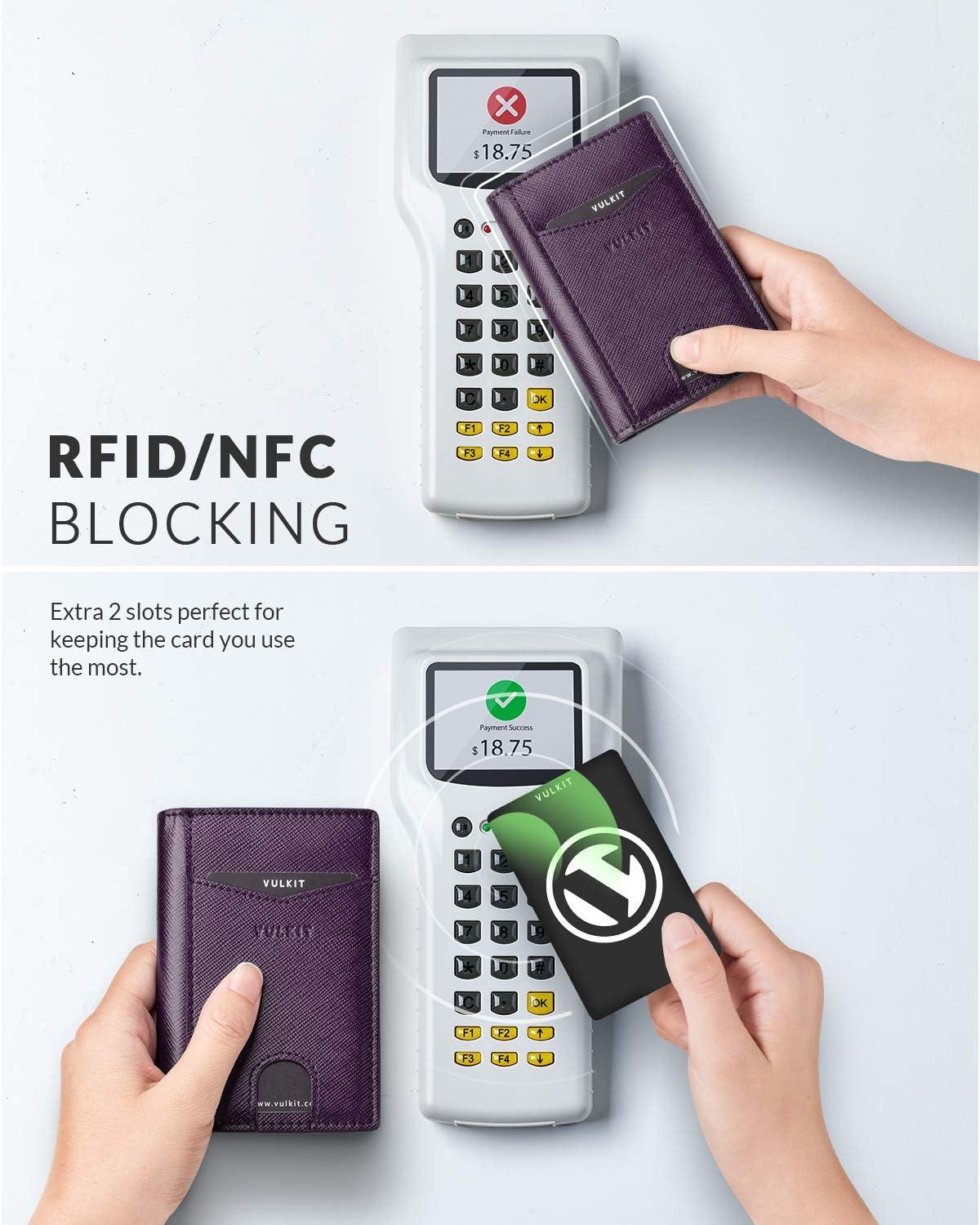 image:imageVULKIT Bifold Front Pocket Slim Wallet RFID Blocking Minimalist Thin Genuine Leather Credit Card Holder Wallet for Men and Women Litchi BlueCross Wine