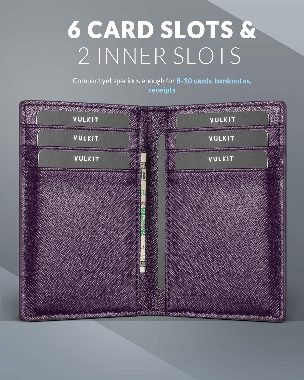 image:imageVULKIT Bifold Front Pocket Slim Wallet RFID Blocking Minimalist Thin Genuine Leather Credit Card Holder Wallet for Men and Women Litchi BlueCross Wine