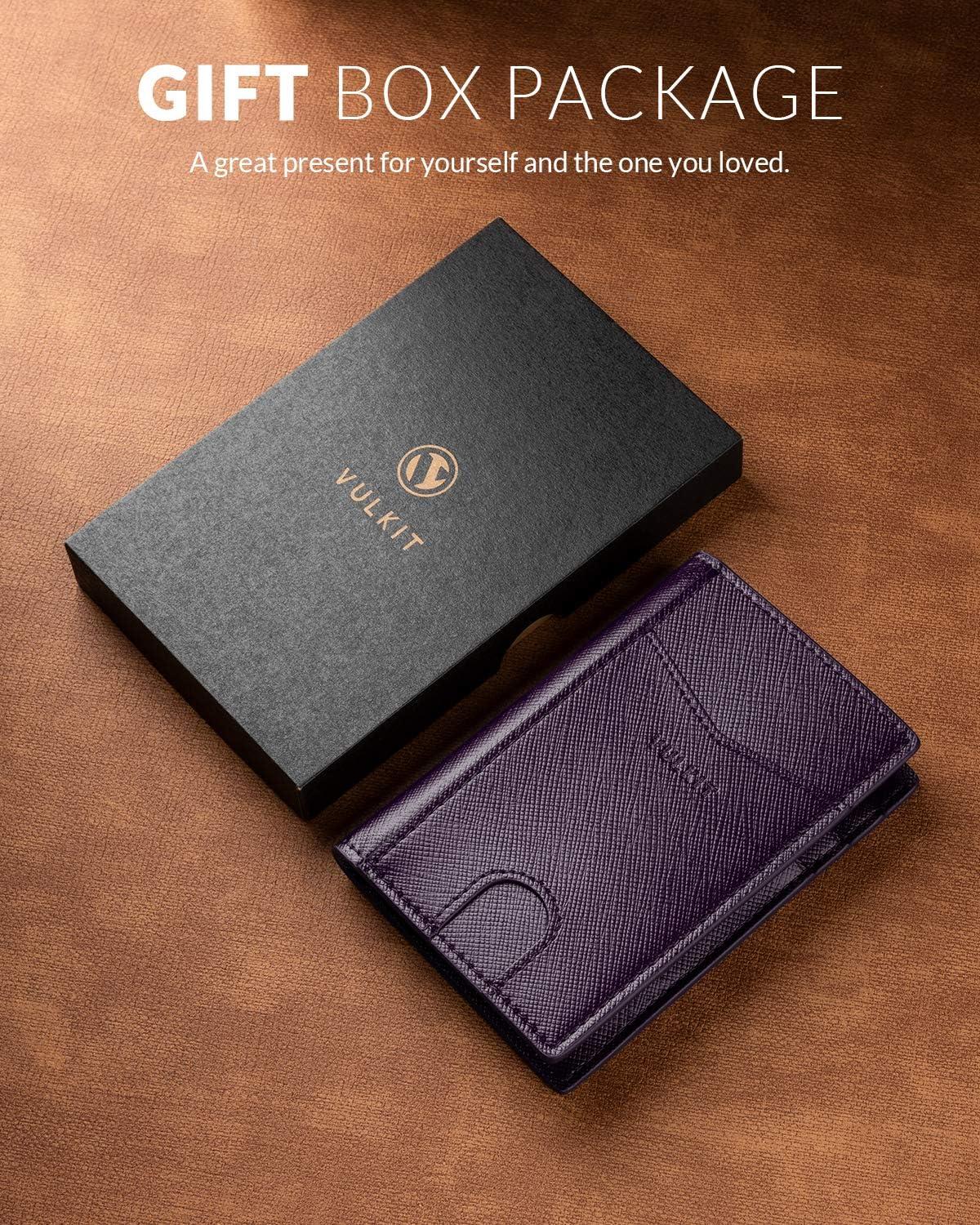 image:imageVULKIT Bifold Front Pocket Slim Wallet RFID Blocking Minimalist Thin Genuine Leather Credit Card Holder Wallet for Men and Women Litchi BlueCross Wine