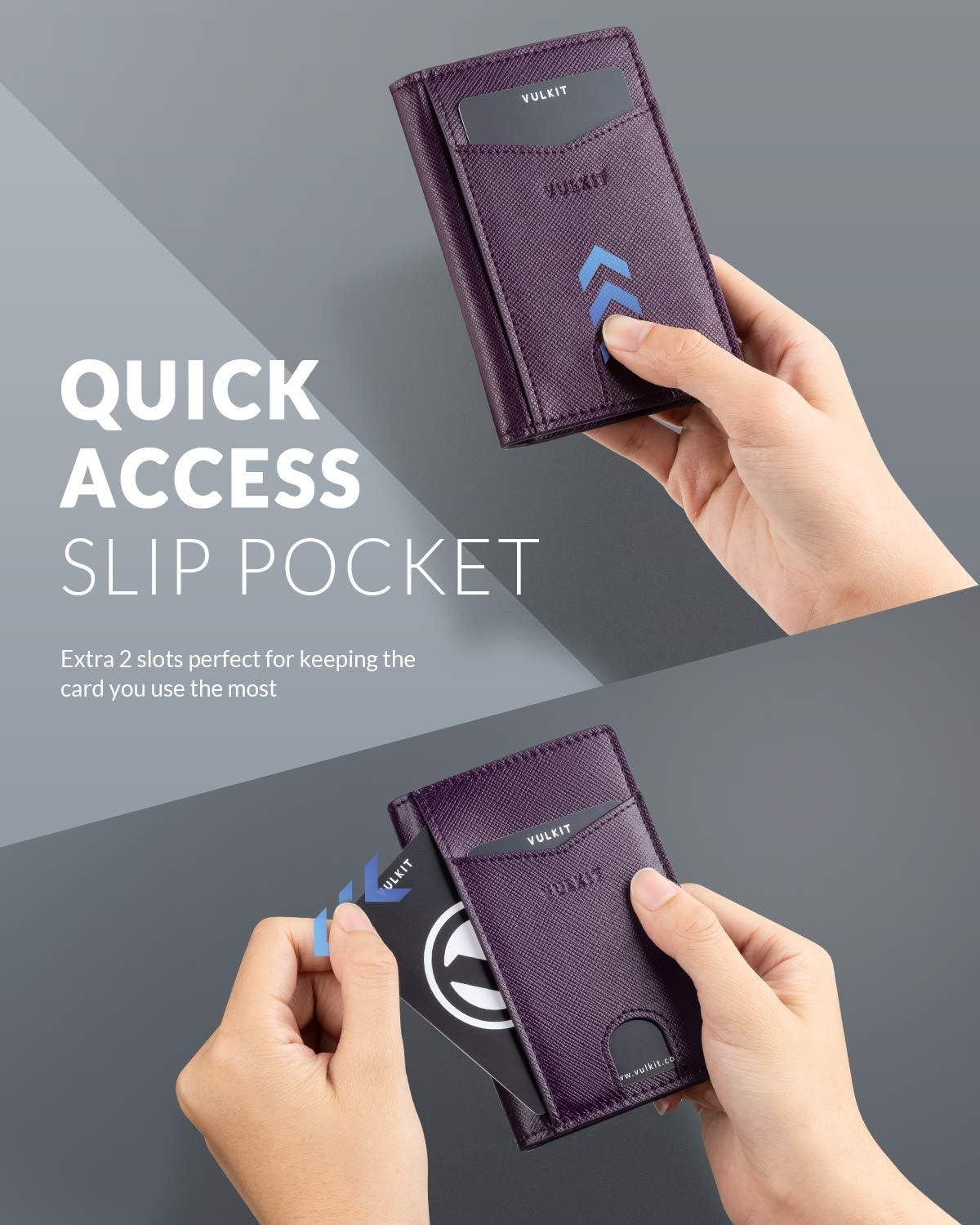 image:imageVULKIT Bifold Front Pocket Slim Wallet RFID Blocking Minimalist Thin Genuine Leather Credit Card Holder Wallet for Men and Women Litchi BlueCross Wine