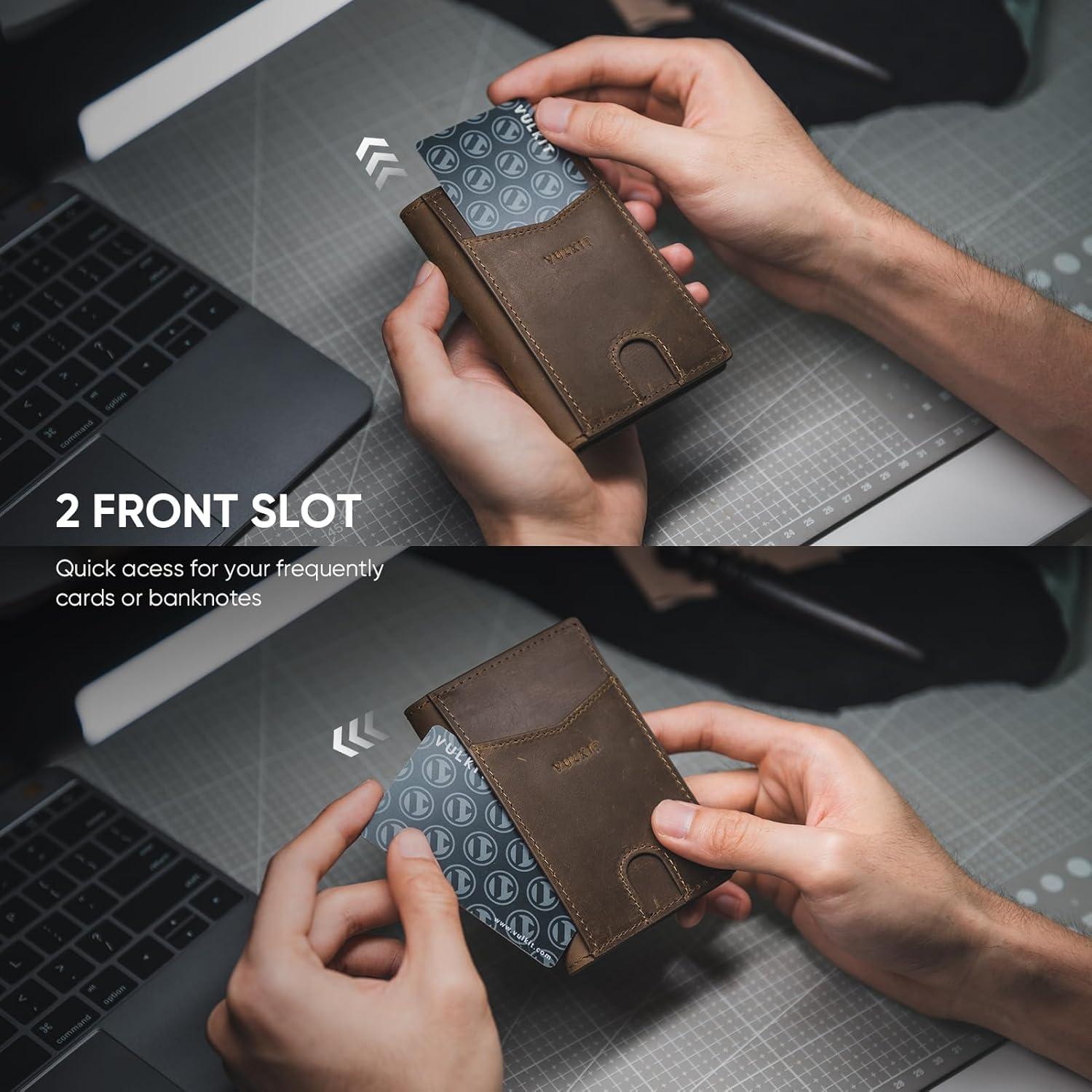 image:imageVULKIT Bifold Front Pocket Slim Wallet RFID Blocking Minimalist Thin Genuine Leather Credit Card Holder Wallet for Men and Women Litchi BlueGenuine Dark Brown