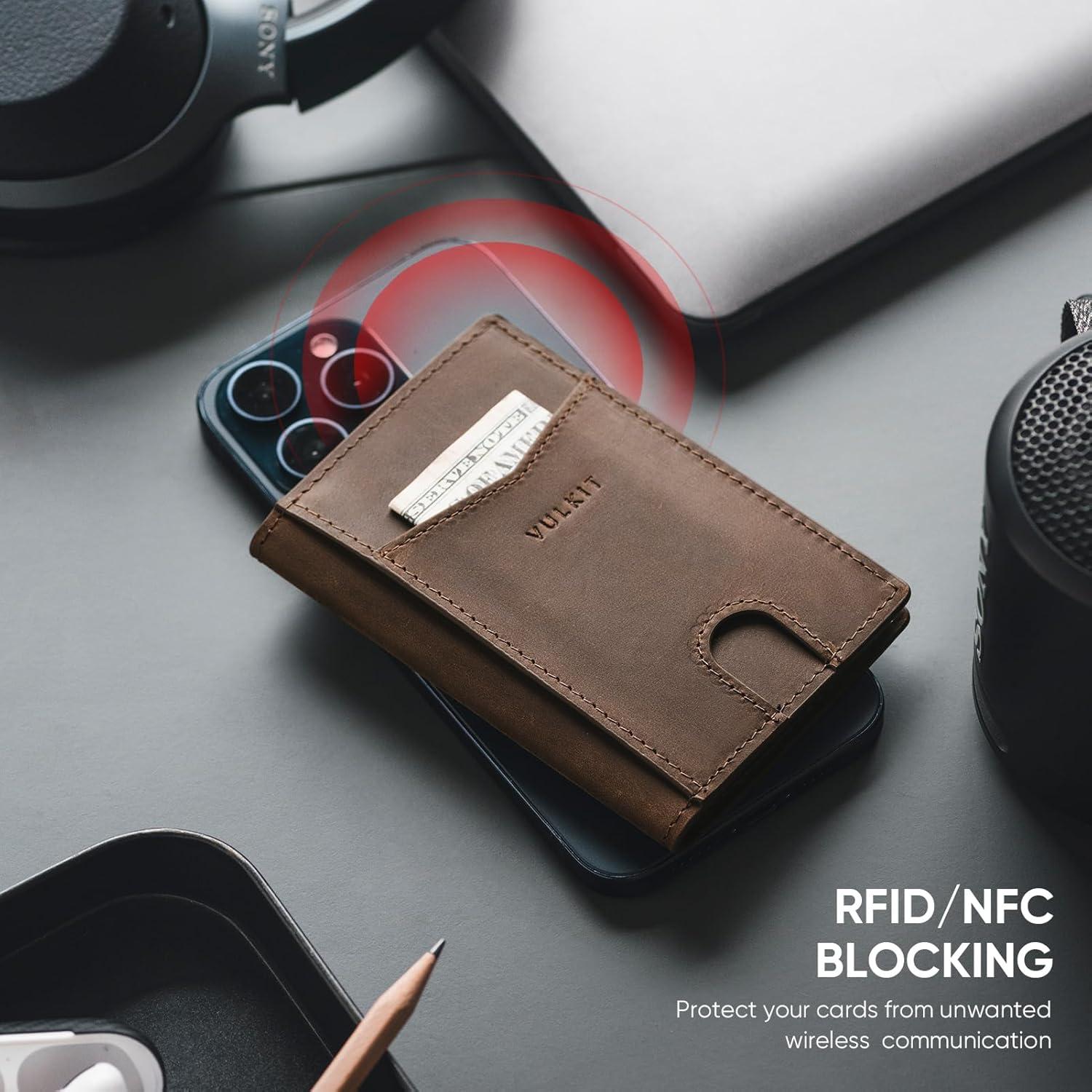image:imageVULKIT Bifold Front Pocket Slim Wallet RFID Blocking Minimalist Thin Genuine Leather Credit Card Holder Wallet for Men and Women Litchi BlueGenuine Dark Brown