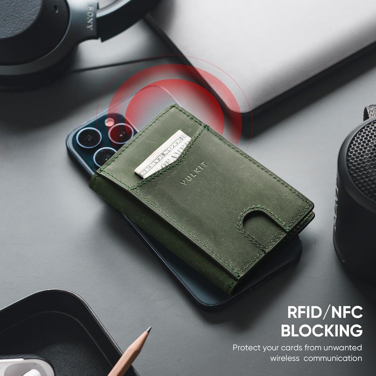 image:imageVULKIT Bifold Front Pocket Slim Wallet RFID Blocking Minimalist Thin Genuine Leather Credit Card Holder Wallet for Men and Women Litchi BlueGenuine Green