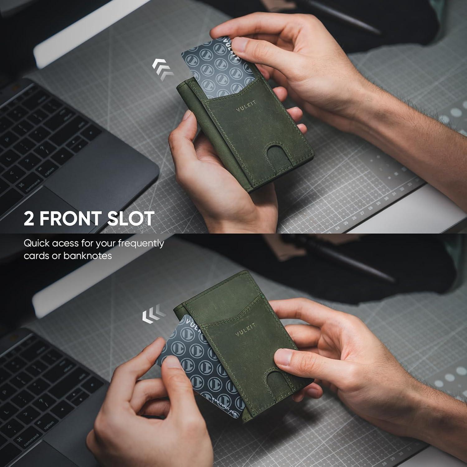 image:imageVULKIT Bifold Front Pocket Slim Wallet RFID Blocking Minimalist Thin Genuine Leather Credit Card Holder Wallet for Men and Women Litchi BlueGenuine Green