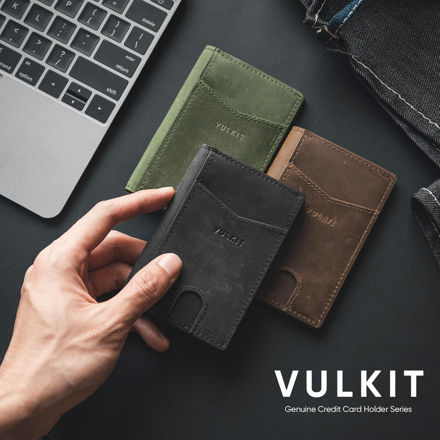 image:imageVULKIT Bifold Front Pocket Slim Wallet RFID Blocking Minimalist Thin Genuine Leather Credit Card Holder Wallet for Men and Women Litchi BlueGenuine Green