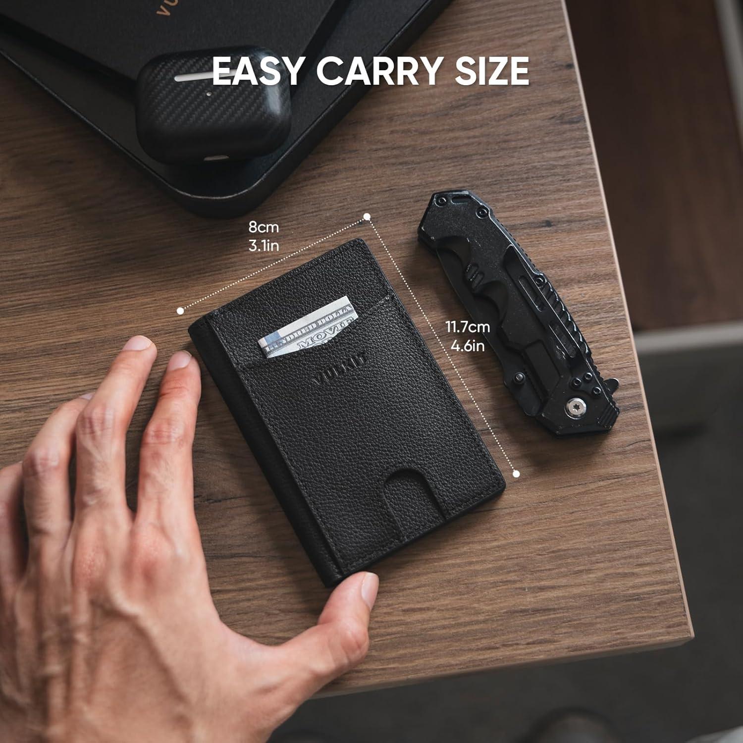 image:imageVULKIT Bifold Front Pocket Slim Wallet RFID Blocking Minimalist Thin Genuine Leather Credit Card Holder Wallet for Men and Women Litchi BlueGenuine Leather Litchi Black
