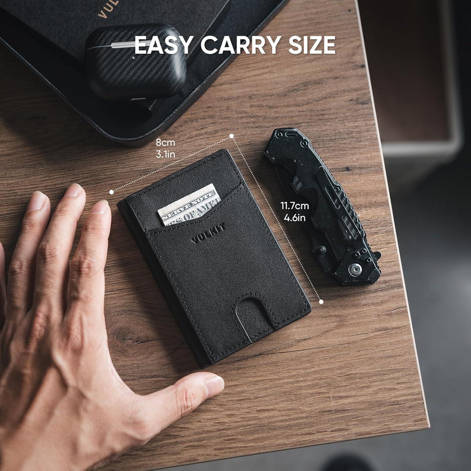 image:imageVULKIT Bifold Front Pocket Slim Wallet RFID Blocking Minimalist Thin Genuine Leather Credit Card Holder Wallet for Men and Women Litchi BlueGenuine Leather Nappa Black