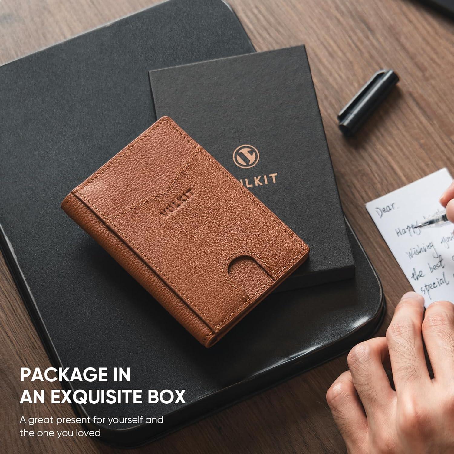 image:imageVULKIT Bifold Front Pocket Slim Wallet RFID Blocking Minimalist Thin Genuine Leather Credit Card Holder Wallet for Men and Women Litchi BlueGenuine Leather Litchi Brown